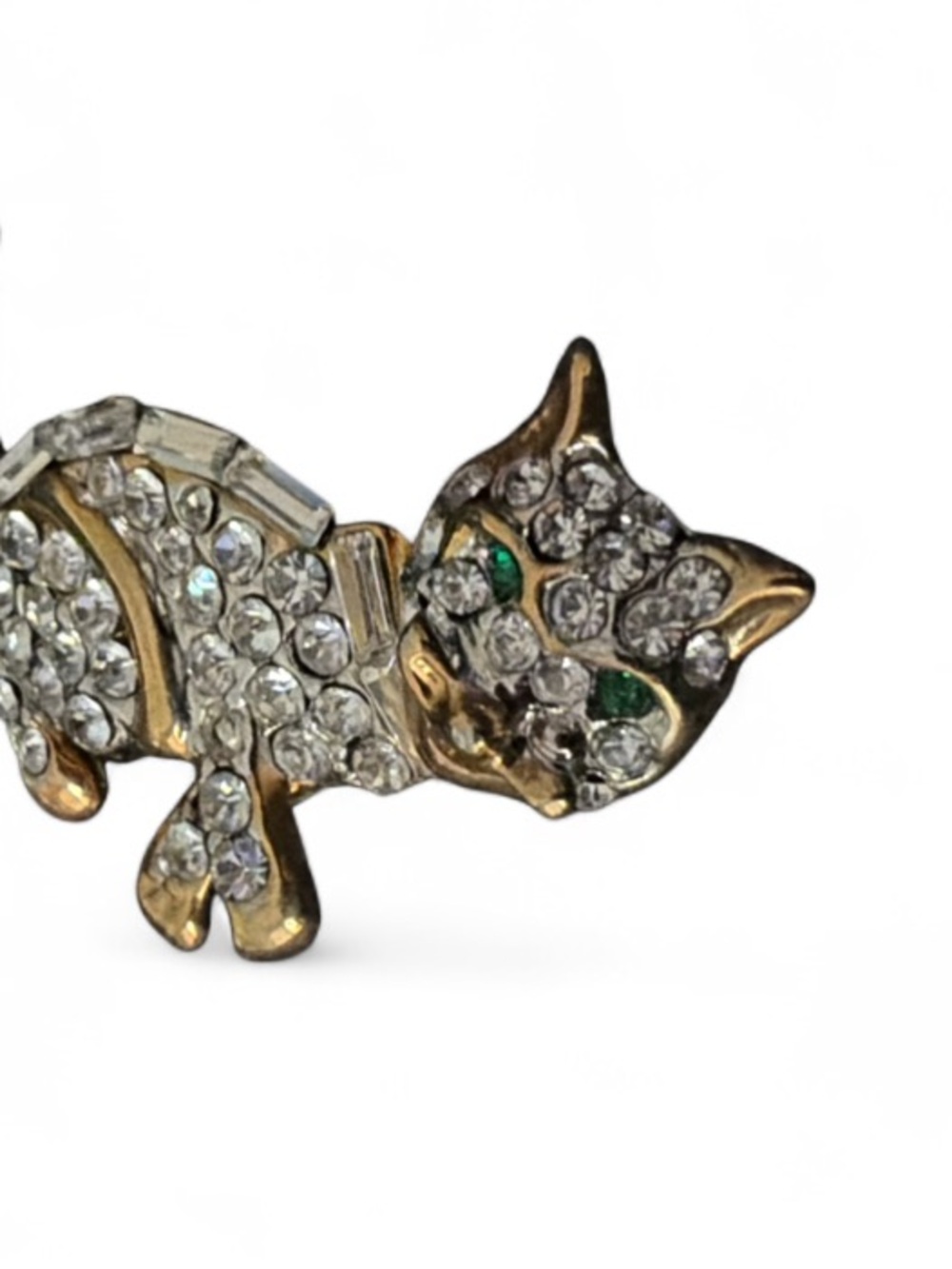 Vintage Rhinestone Cat Brooch Gold Tone MetL With Clear Crystals Costume Jewelry - Picture 2 of 5